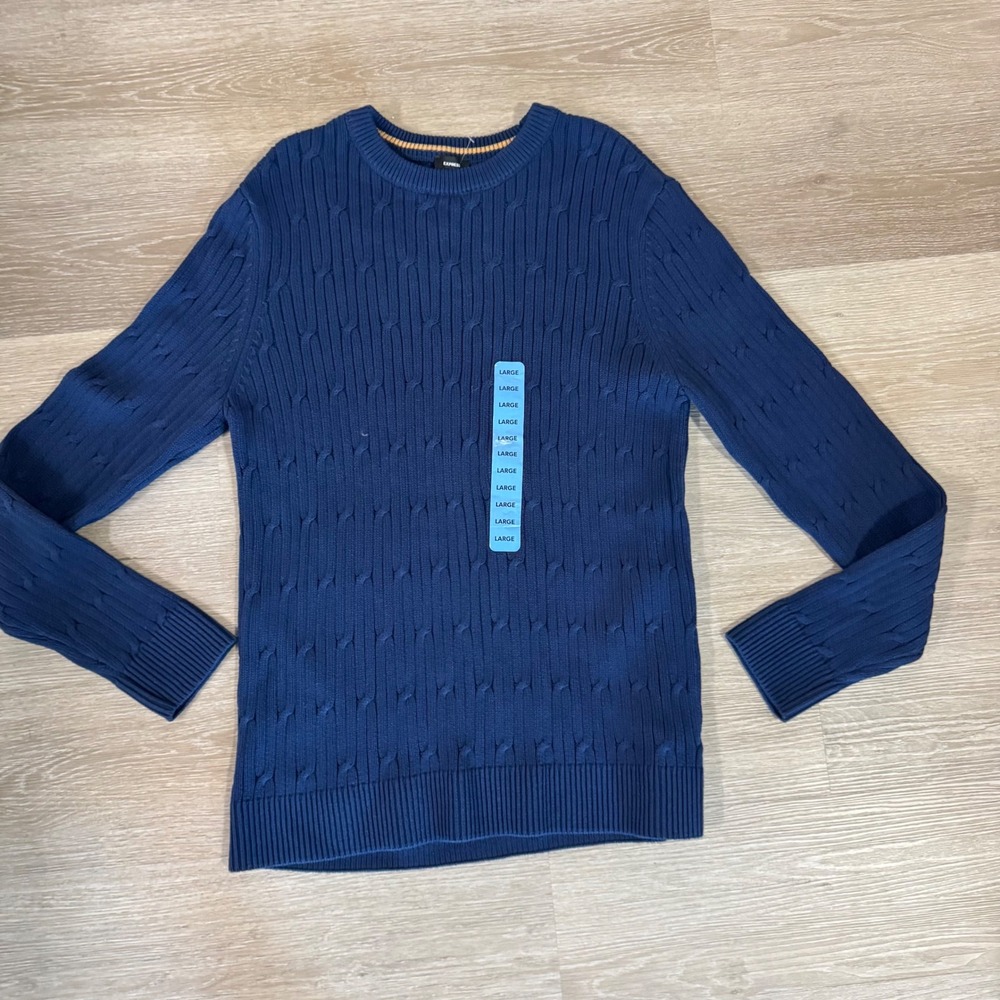 NWT Express Cable Sweater Mens Large Blue 100% Cotton Crew Neck Long Sleeve